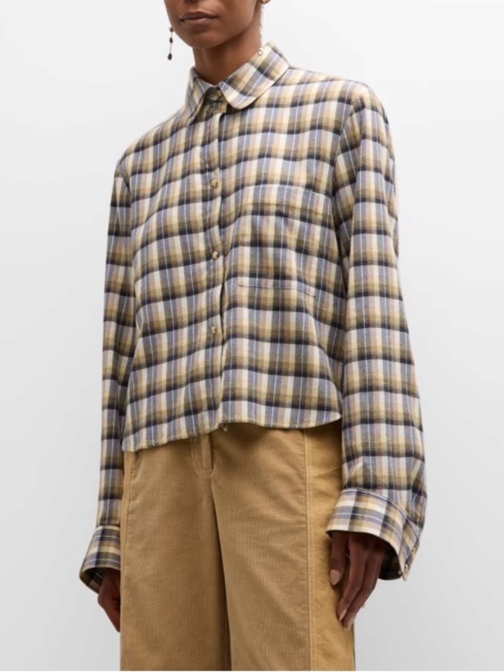Relaxed Plaid Button-Down Shirt in Beige and Olive - Picture 2 of 6